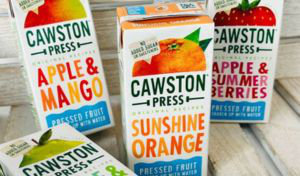 Four cartons of juice are arranged on a plank background. Three of the juices are standing up and one is on it’s side, angled towards the viewer. The cartons are labelled with the flavours - three are visible and say ‘Apple and Mango’, ‘Sunshine Orange’.