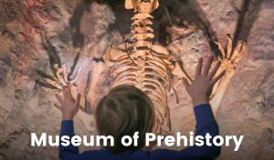 A child faces a large cave bear skeleton displayed against an imitation cave wall in Cheddar. The child is holding their hands up, mimicking the cave bear’s position